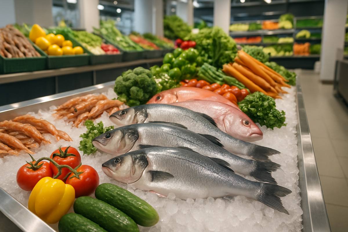 Fresh fish and produce on ice